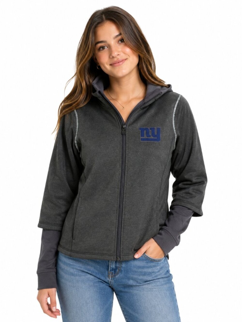 New York Giants Girls Hoodie Size Small 7/8 Double Sleeves Thumb Holes Gray New